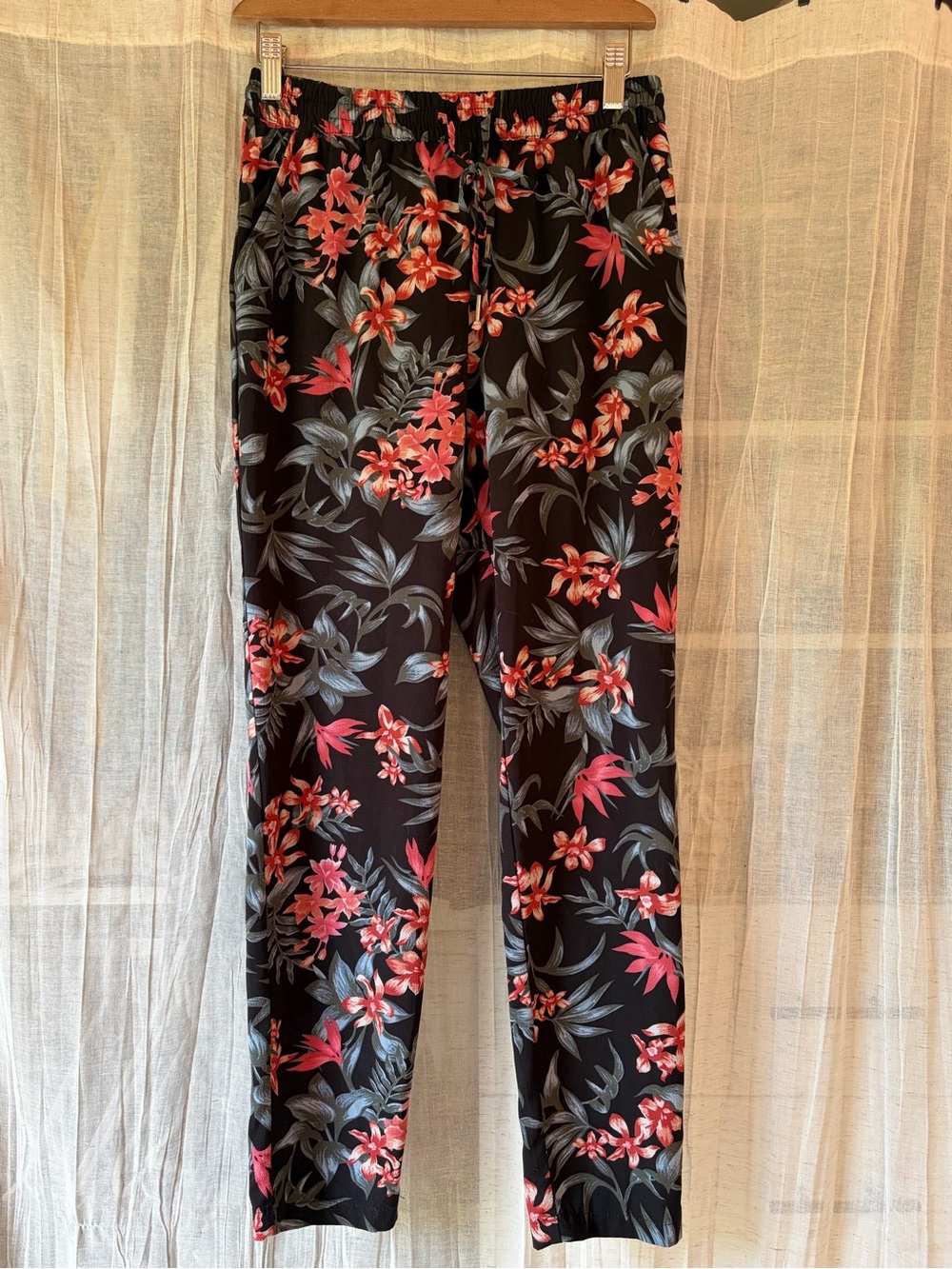 Only Black Floral Track Pants with Coral and Gray Leaves- Small